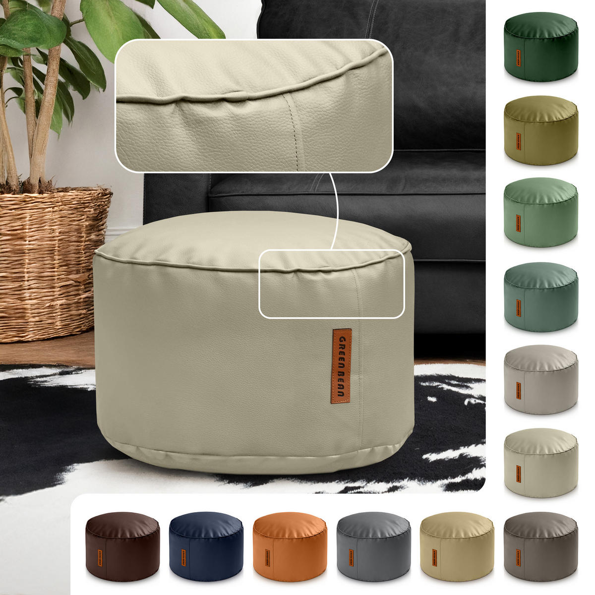 INDOOR HOCKER Stay rund Kunstleder - Greige/Grau, Textil (43/30/30cm) - Green Bean