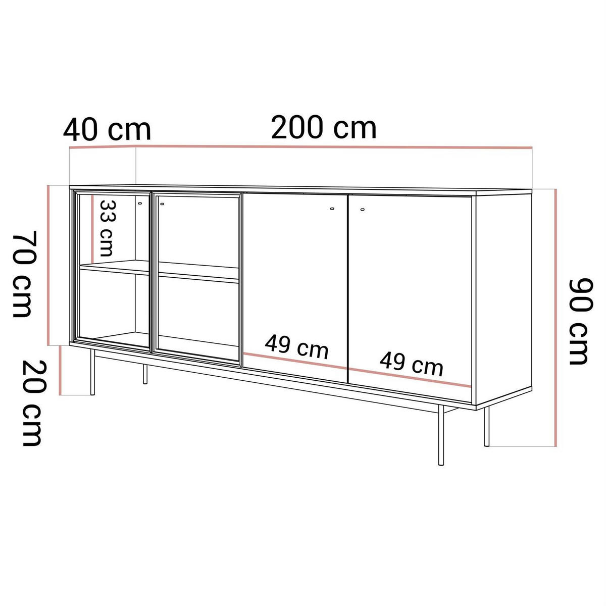 KOMMODE ISA 4D, viertürig mit LED-Beleuchtung. - Eichefarben, Holzwerkstoff (200/90/40cm) - Lookway
