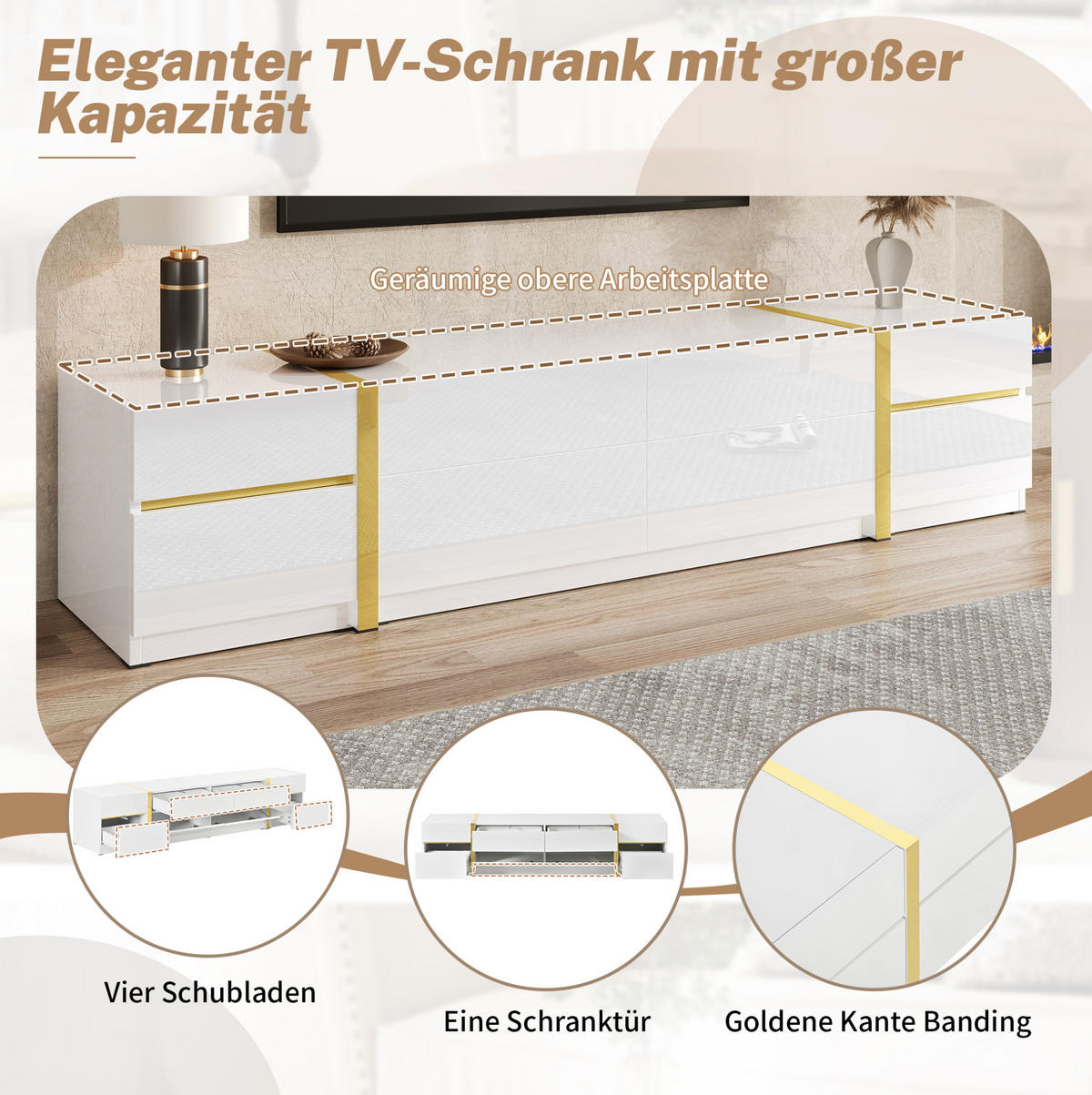 LOWBOARD 180/40/38 cm Weiß aus MDF und Spanplatte mit Hochglanzoberfläche - Weiß, Holzwerkstoff (40/38/180cm) - OKMYHOME