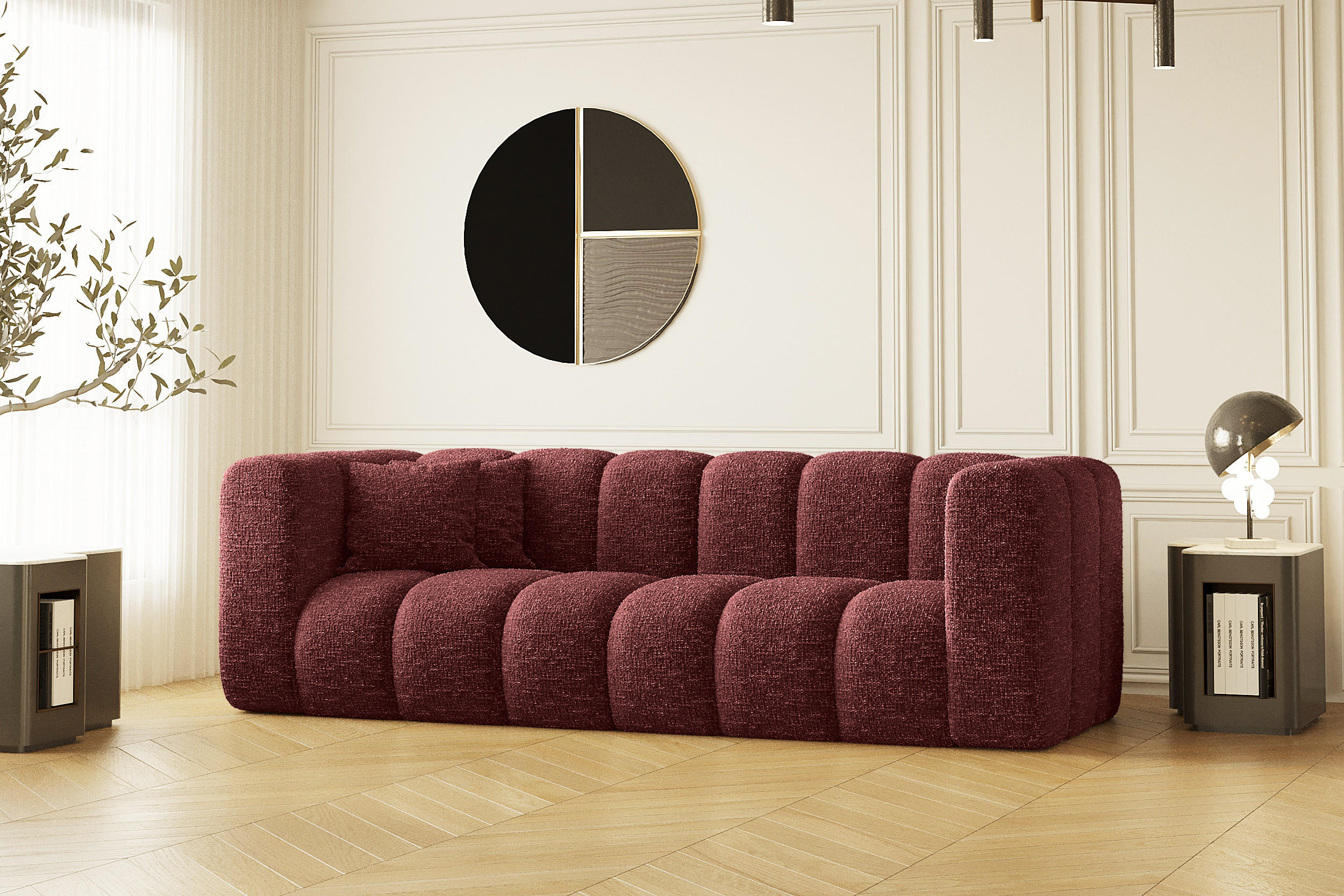 COUCH Dreisitzer-Sofa Grand Modular Stoff Haga Rotwein - Rot, Holz (230/70/91cm) - Kaiser Möbel