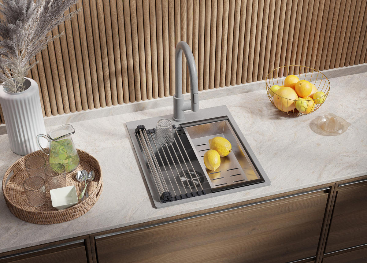 SPÜLBECKEN Oslo, 2-er set Grau 43/50 cm 1 Becken + Ablauf-Set + Schneidebrett ab 45er Unterschrank - Beige/Grau, Kunststoff (43/20/50cm) - Primagran