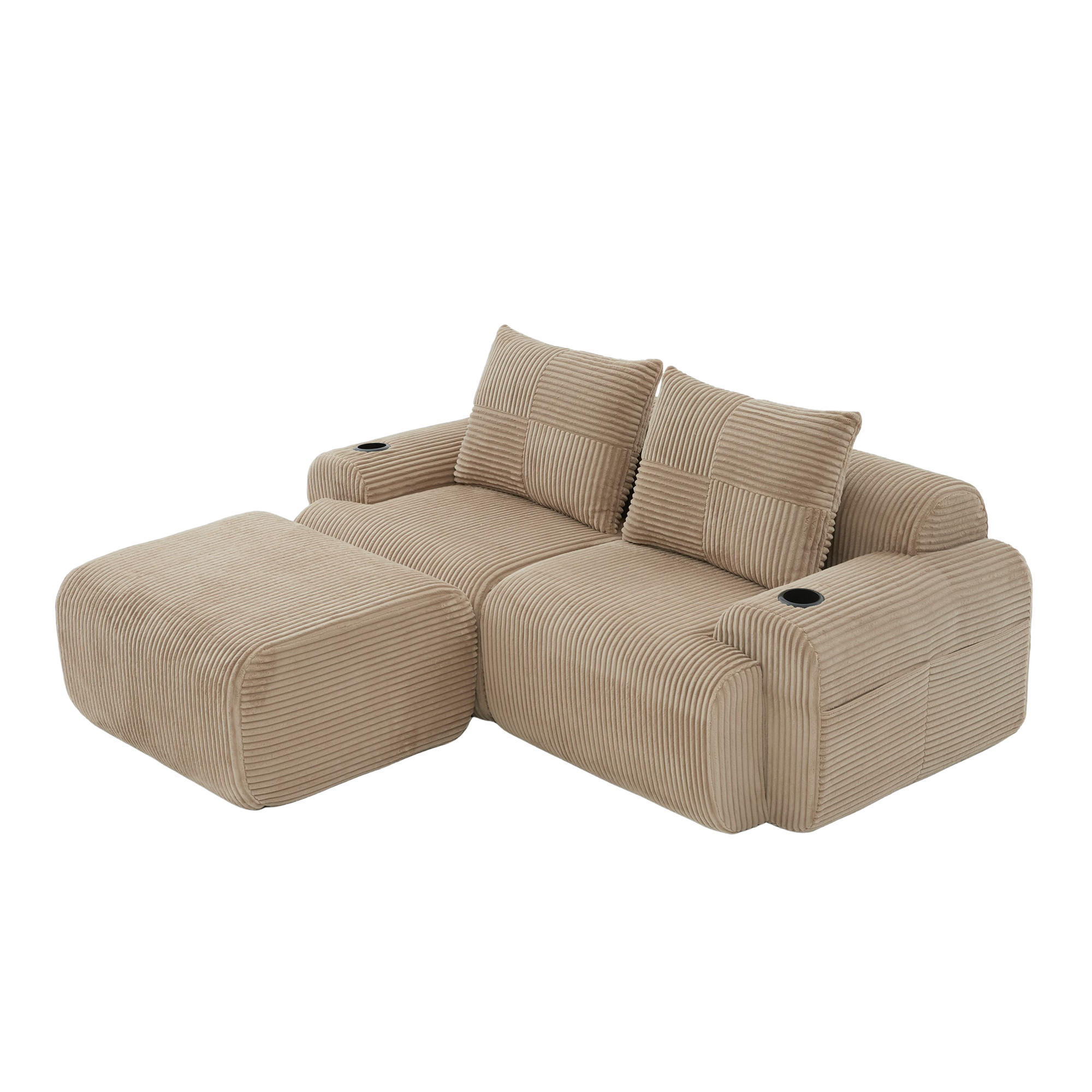 MODULARES 2-Sitzer Sofa Cord mit Getränkehalter und Seitentasche 200/174/80 cm Sandfarben - Sandfarben, Textil (174/200cm) - Redom