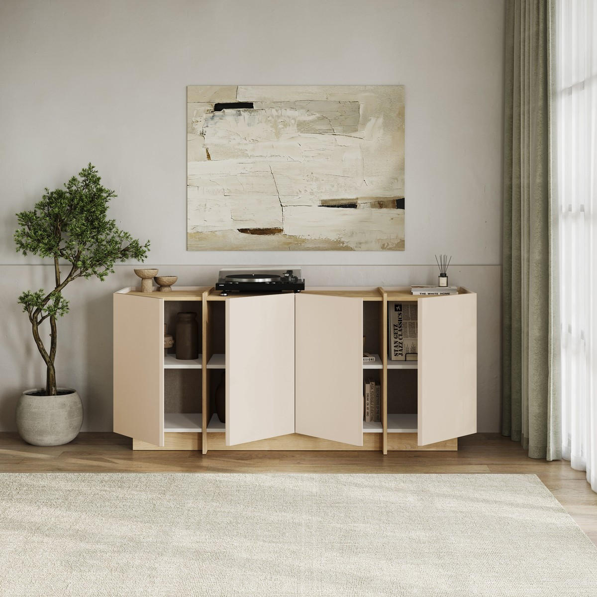 SIDEBOARD mit 4 Türen, Dekor in Kaschmir und Eiche-dekor 180/45/80 cm - Beige, Holzwerkstoff (45/80/180cm) - Calicosy