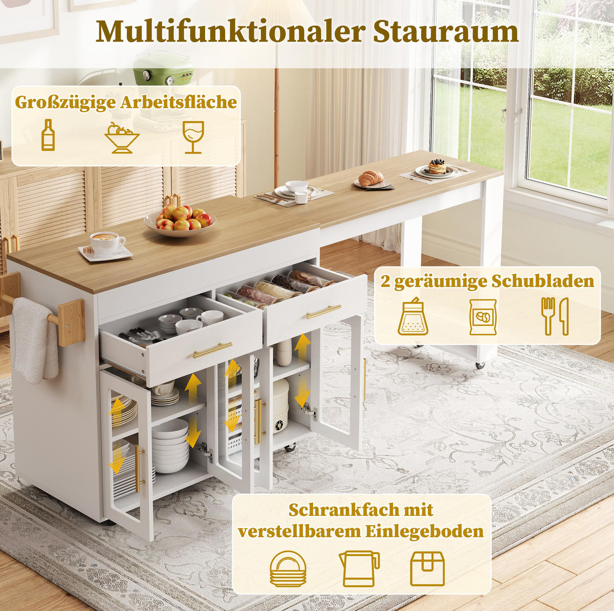 KÜCHENINSEL ausziehbar 132,5-217 x 50 x 93 cm MDF Weiß - Weiß, Holz (50/93/217cm) - Beauniv