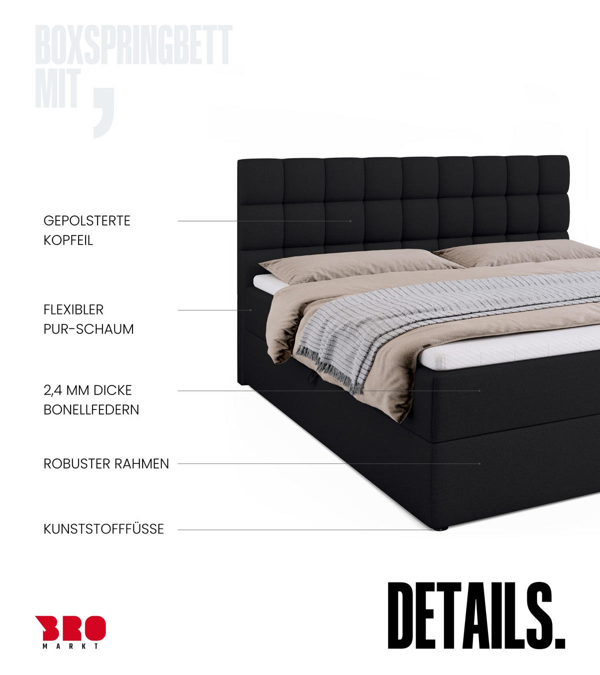 BOXBETT Dakota mit Topper 180/200 Schwarz - Schwarz, Textil (180/200cm) - Bromarkt