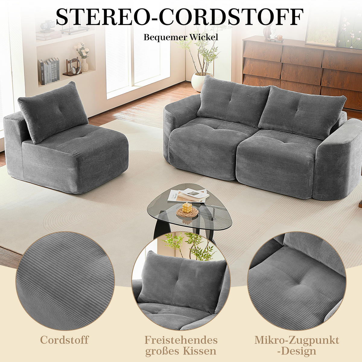 3-SITZER-SOFA 2+1 Wabi-Sabi Cord, DE-42909, Anthrazit - Grau, Textil (279/94/100cm) - ComfortXL