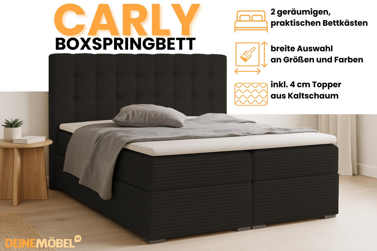 BOXBETT CARLY 140/200 in Cord Schwarz mit Taschen-Federkernmatratzen 7 Zonen H4 - Schwarz, Holz/Holzwerkstoff (140/200cm) - Deine Möbel 24