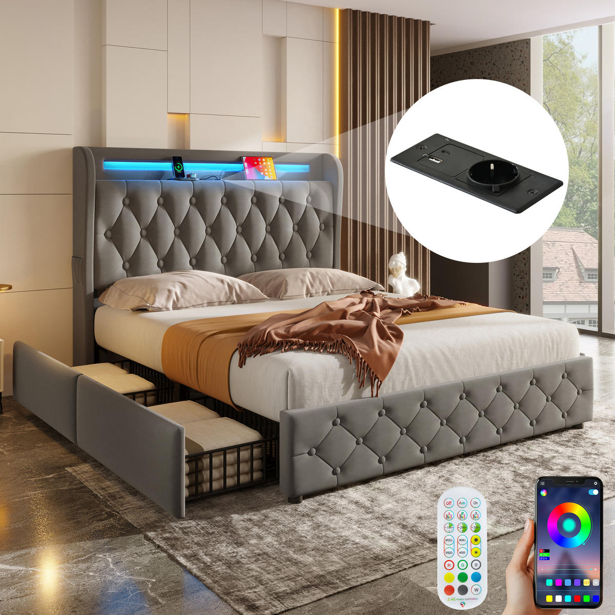 POLSTERBETT 140x190 cm LED USB Schubladen Samt - Grau, Textil (140/190cm) - LEBENLANG
