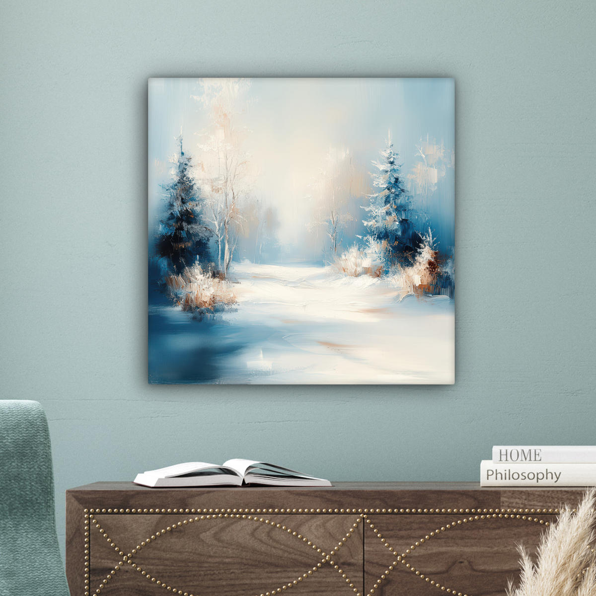 LEINWANDBILD Wald - Winter - Natur - Abstrakt - Schnee Wandbild Wohnzimmer 50x50 cm - Weiß, Textil (50/50cm) - MuchoWow