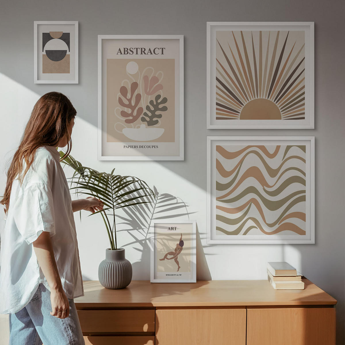 WANDBILDER 5er-Set - 50x50 cm & 20x30 cm & 40x60 cm Weißer Rahmen - Matisse Boho abstrakte Muster - Weiß, Kunststoff (40/60cm) - ArtPrintCave