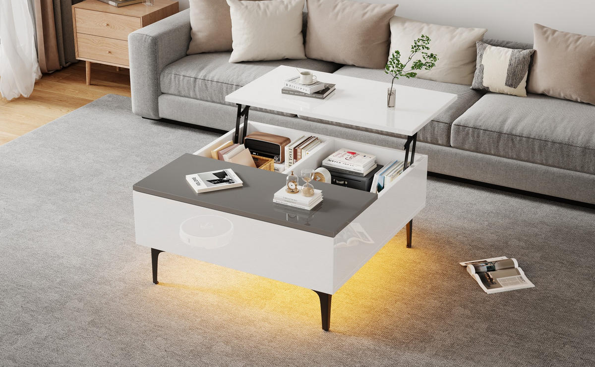 COUCHTISCH, höhenverstellbar bis 48,5 cm, MDF Hochglanz mit LED & verstecktem Stauraum, 70/70/35 cm, Weiß und Grau und schwarz - Weiß, Holzwerkstoff (70/70/35cm) - Redom
