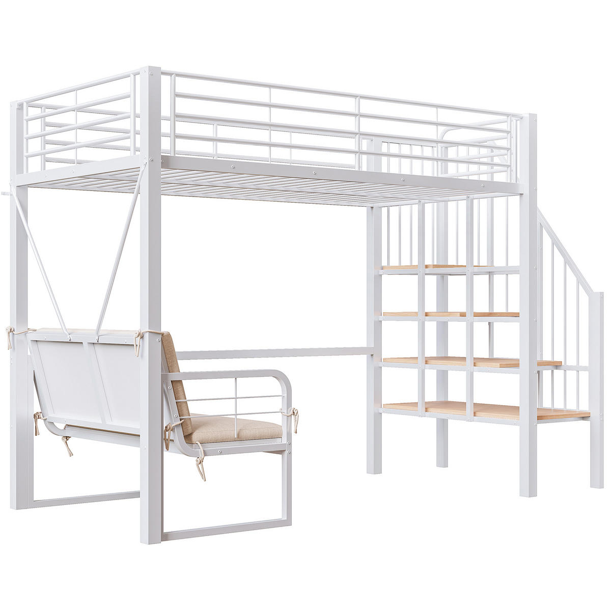ETAGENBETT 90/200 cm mit abnehmbarem Polstersofa, Stauraumtreppe und Metall-Rahmen, Weiß - Weiß, Holzwerkstoff (90/200cm) - Redom