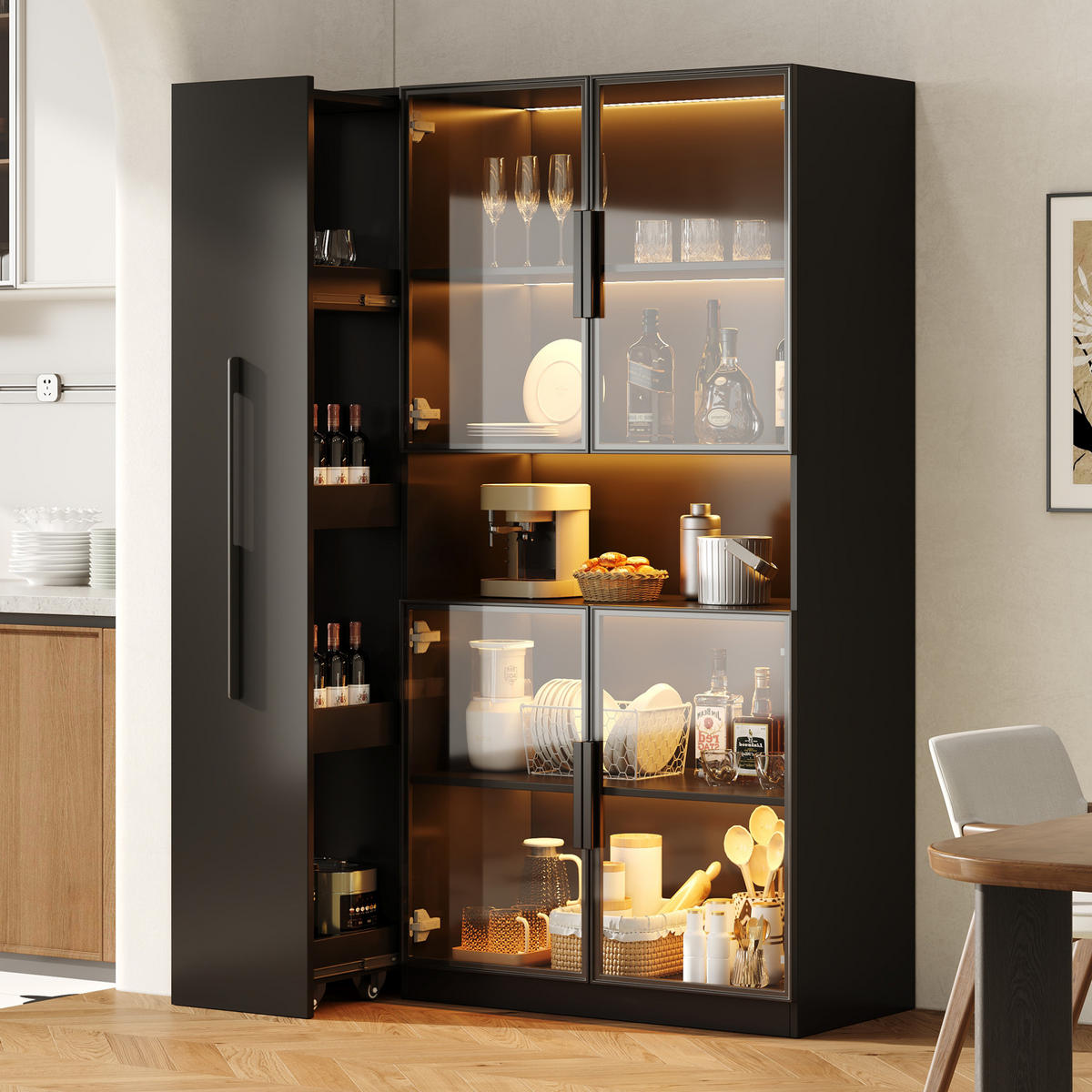 VITRINE 110/35/160 cm aus MDF mit LED-Beleuchtung und ausziehbaren Seitenregalen Schwarz - Schwarz, Holzwerkstoff (110/160/35cm) - Modenvie