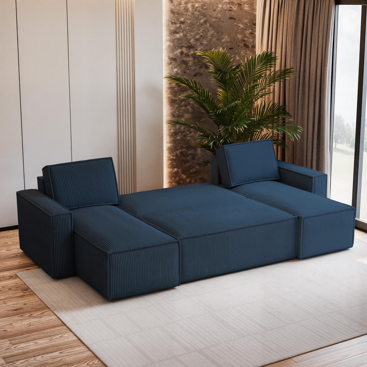 WOHNLANDSCHAFT PESANO P Blau Kordstoff mit Schlaffunktion - Blau, Holz (306/85/140cm) - MASSENO