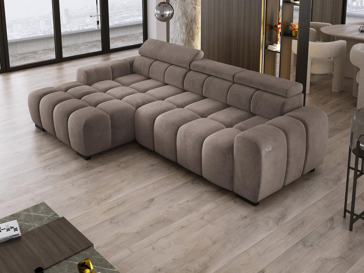 ECKSOFA OMBO 285x168x77/97 cm, Links, Schlaffunktion, elektr. Sitz, Kopfstützen, Buche dunkel, hydrophober SALVADOR-Stoff – Grau - Cappuccino, Holz/Textil (168/285cm) - DomoHome