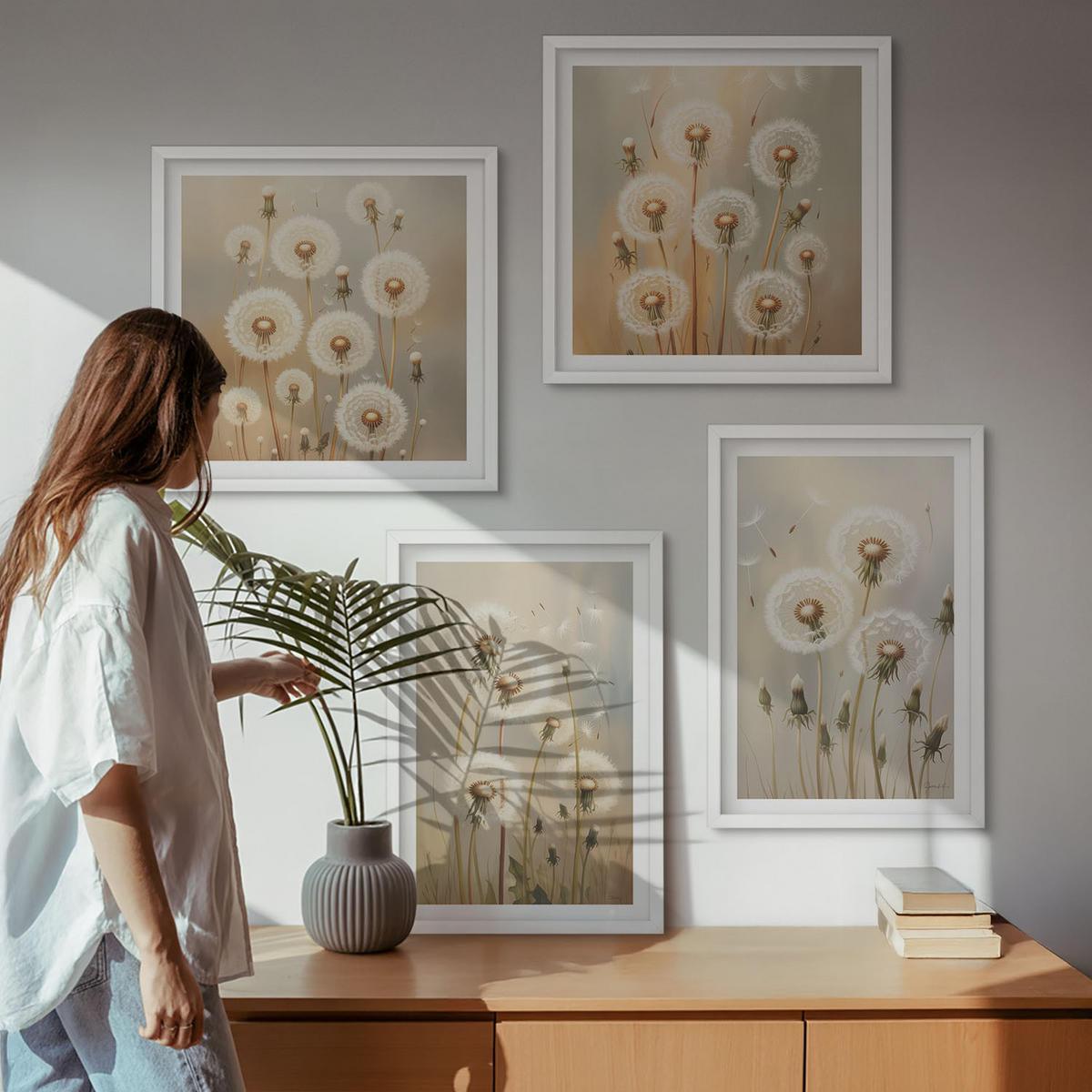 BILDER SET 4er Set - 50x50 cm & 40x60 cm Weißer Rahmen - Weiße Löwenzahnblüten auf hellem Hintergrund - Weiß, Kunststoff (50/50cm) - TULUP