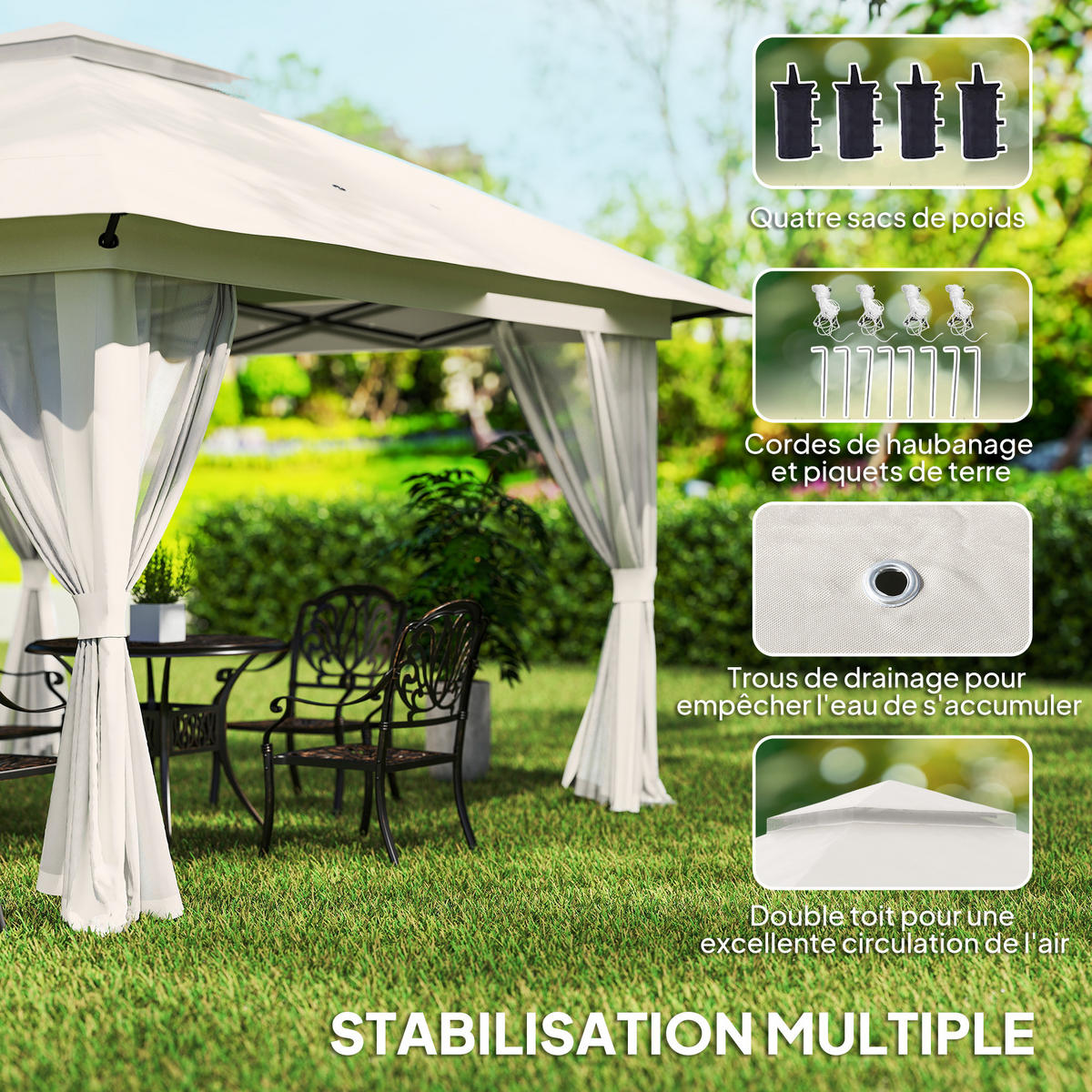 PAVILLON DE-13957 Pop-up 4/4 m, Doppeldach, UV50+, 4 Moskitonetze Weiß - Weiß, Textil (392/283/392cm) - ComfortXL
