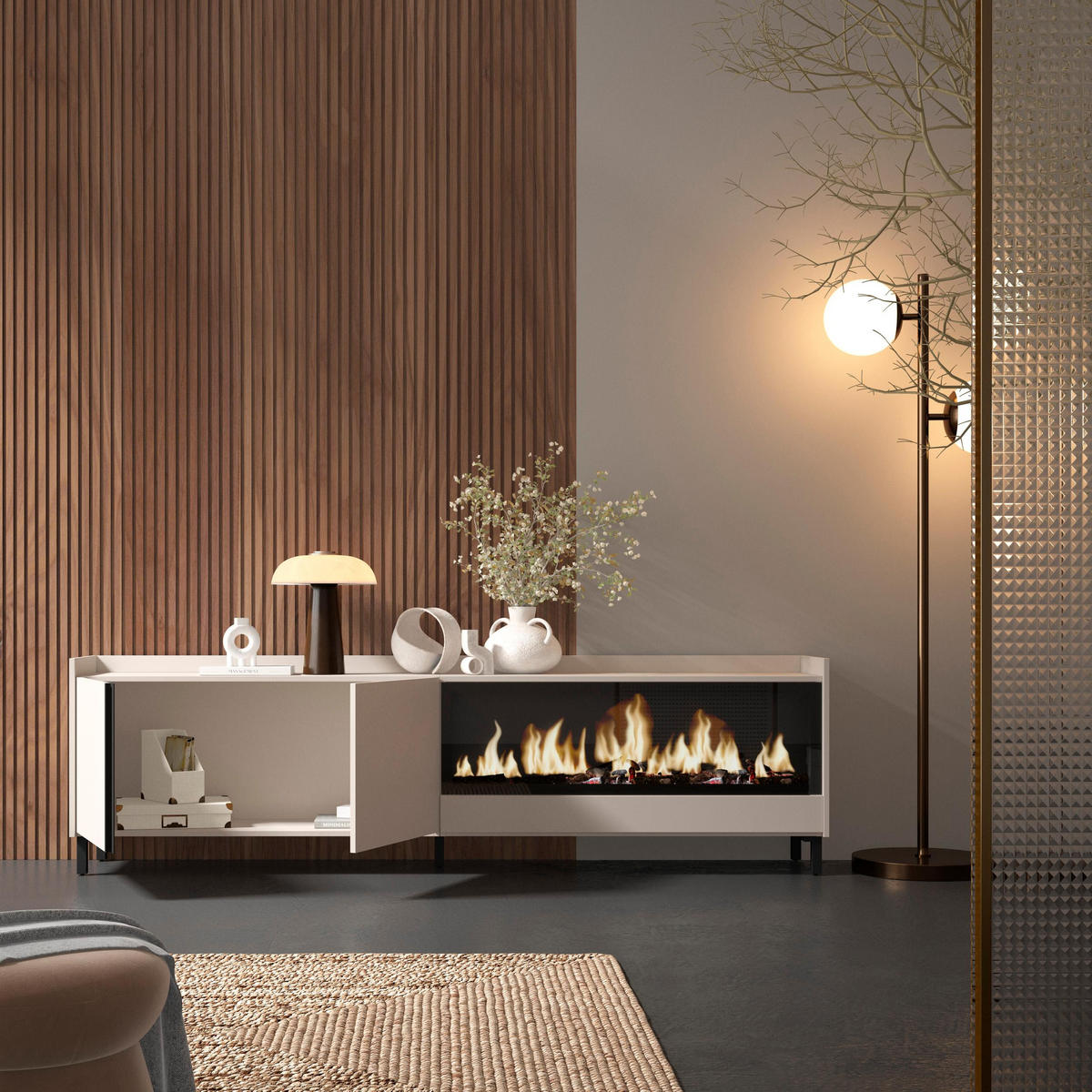 LOWBOARD, Beige, 212/35/61cm, Kamin mit Feuereffekt XXL - Beige, Holzwerkstoff (212/61/35cm) - Skraut Home