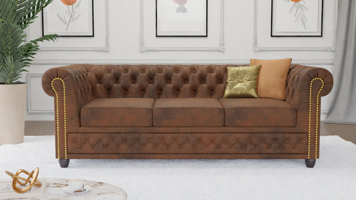 SITZGARNITUR 3+2+1 Chesterfield Flux Braun Microfaser Vintageoptik - Braun, Holz/Textil (203/72/86cm) - S-Style Möbel