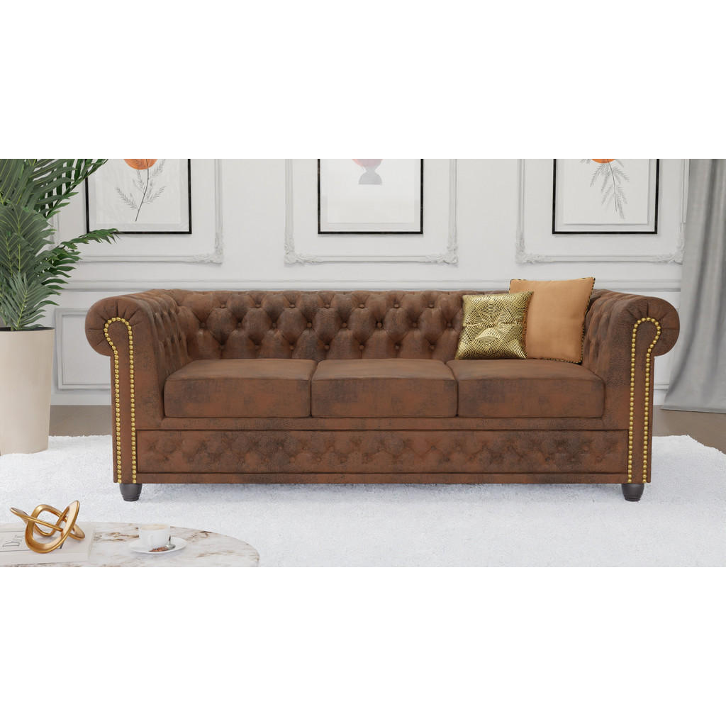Thumbnail - S-Style Möbel Chesterfield-Sofa, Braun, Textil, Echtholz,Birke, 3-Sitzer, Füllung: Silikon,Komfortschaum, 203x72x86 cm, ...