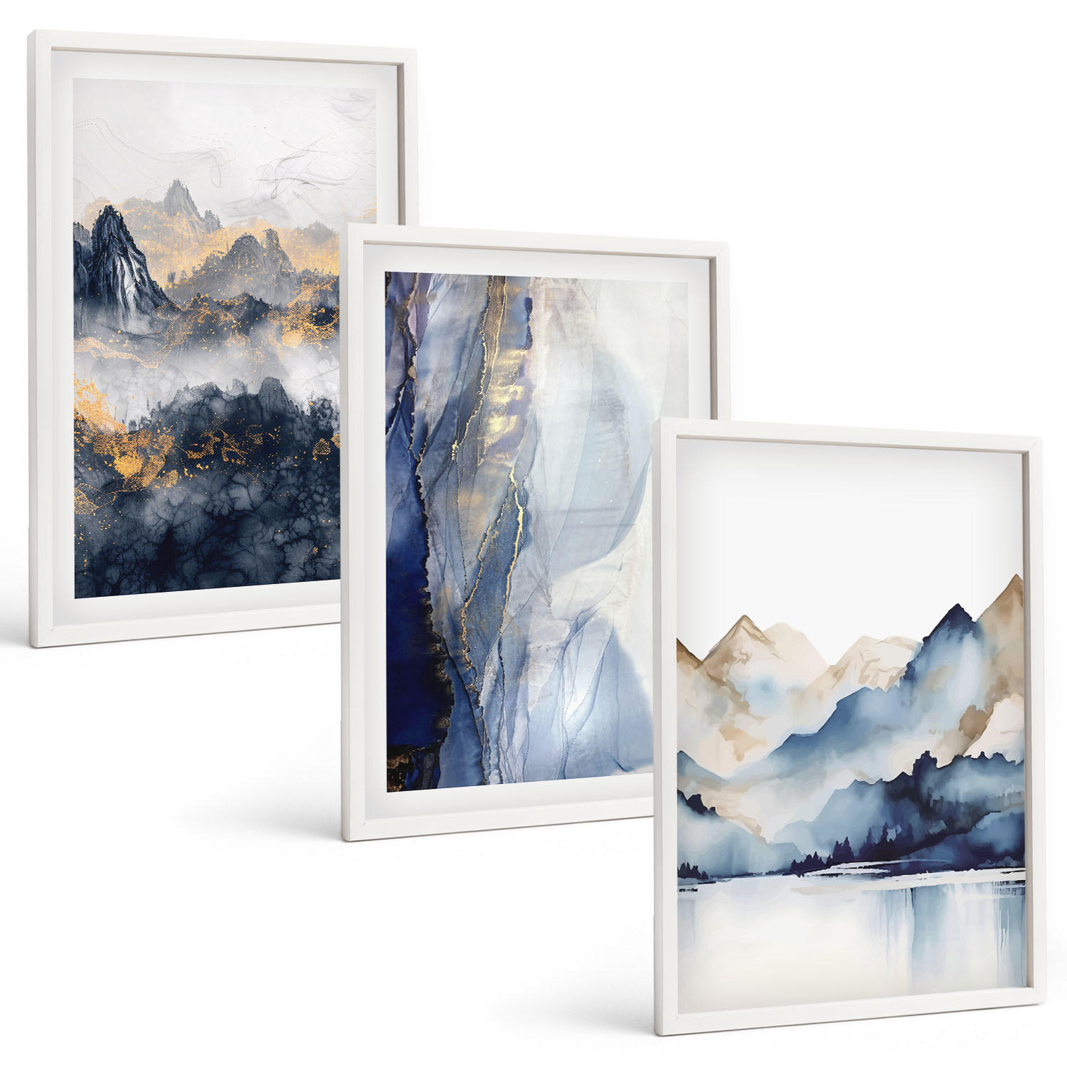 BILDER SET 3er Set - 40x60 cm Weißer Rahmen - Blaue und graue Berglandschaften - Weiß, Kunststoff (40/60cm) - TULUP