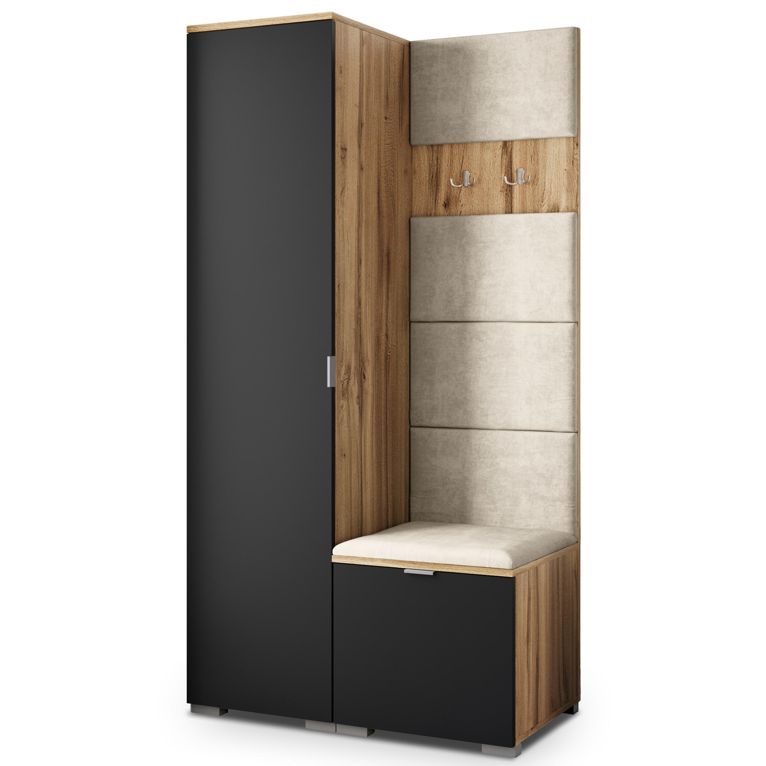 Masseno Garderobenschrank Eiche Wotan, Schwarz, Beige 95x181x51 cm