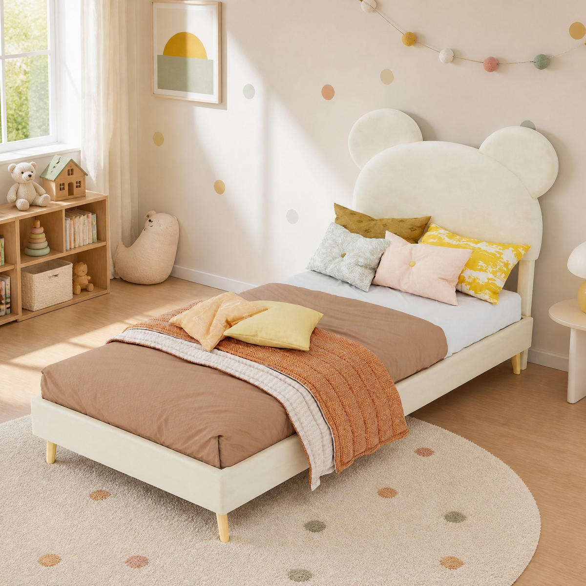 POLSTERBETT 90/200 mit Stauraum und Cartoon-Kopfteil in Beige - Beige, Holzwerkstoff/Textil (90/200cm) - EVRYAE