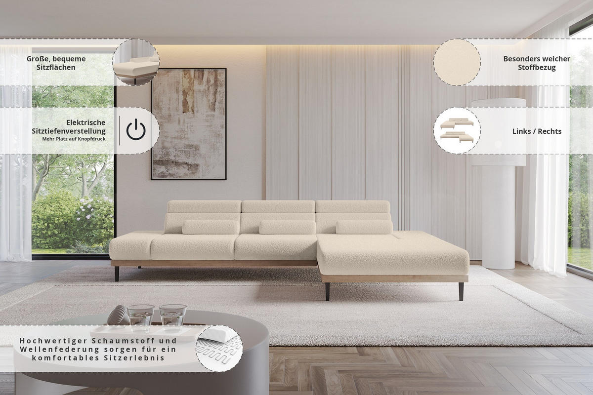 ELEKTRISCHES ECKSOFA Rechts MONA 316x205x85 Dunkelbeige Bouclé - Cappuccino, Holzwerkstoff/Textil (316/205cm) - ALTDECOR