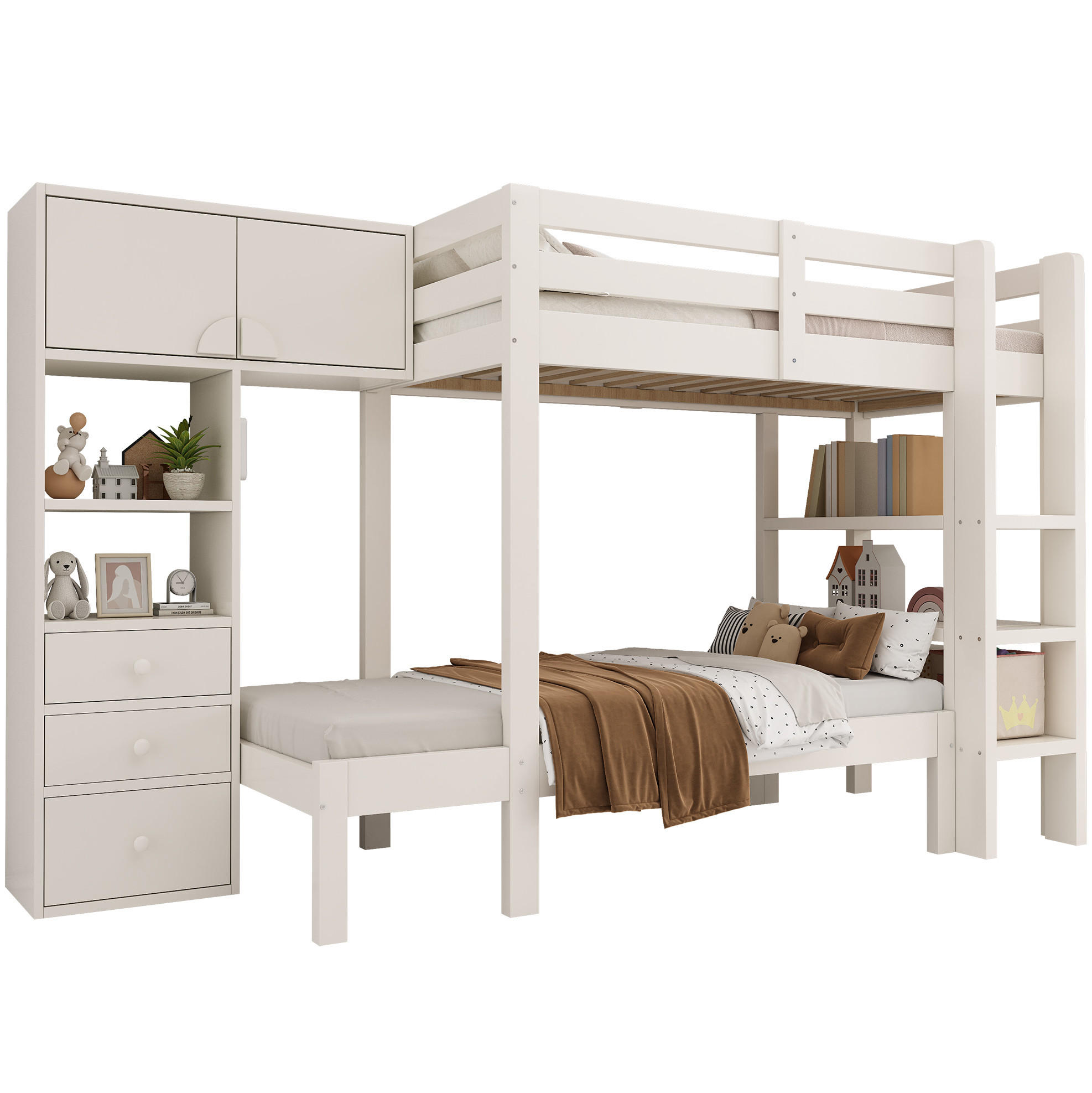 ETAGENBETT 90/200 cm in Weiß mit Stauraum, LED-Nachtlicht und Regal - Weiß, Metall (90/200cm) - OKMYHOME