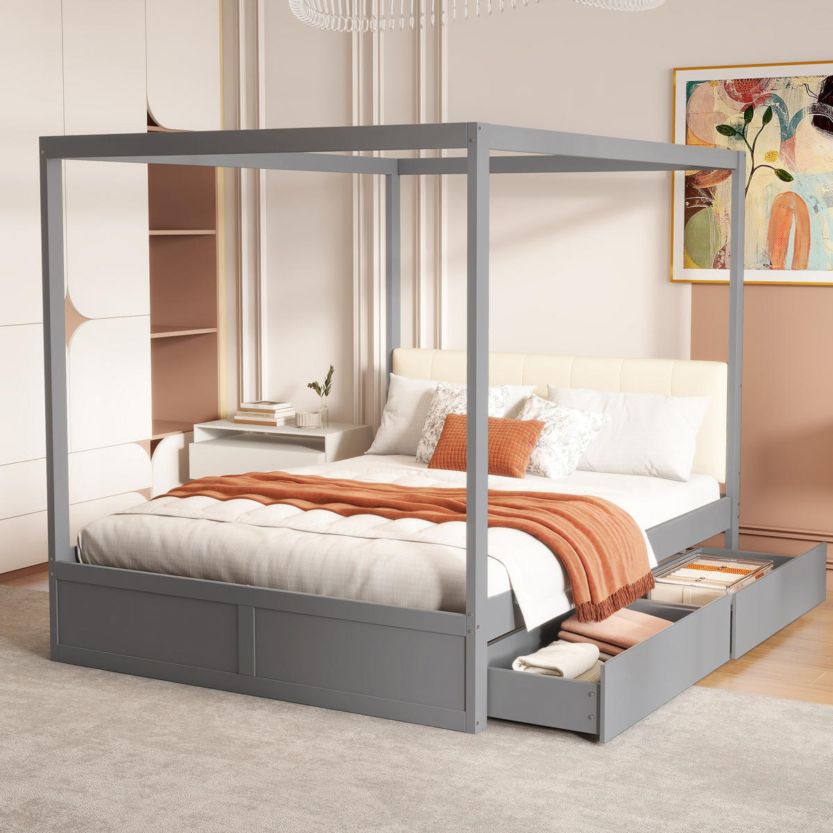 HIMMELBETT 140/200 cm grau mit großen Schubladen und gepolsterter Rückenlehne - Grau, Holz (140/200cm) - OKWISH