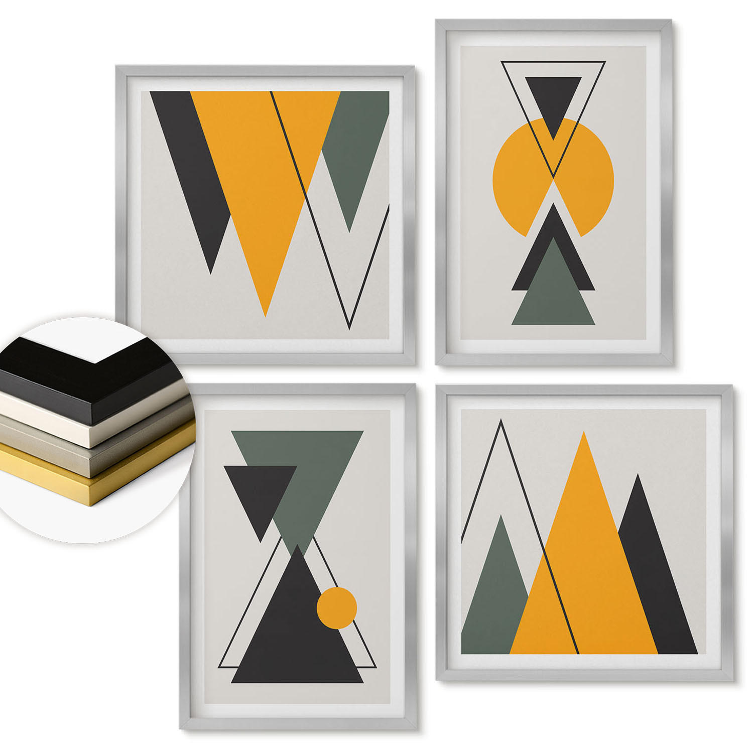WANDBILDER 4er Set - 50x50 cm & 40x60 cm Silberner Rahmen - Abstrakte geometrische Formen - Silberfarben, Kunststoff (50/50cm) - ArtPrintCave