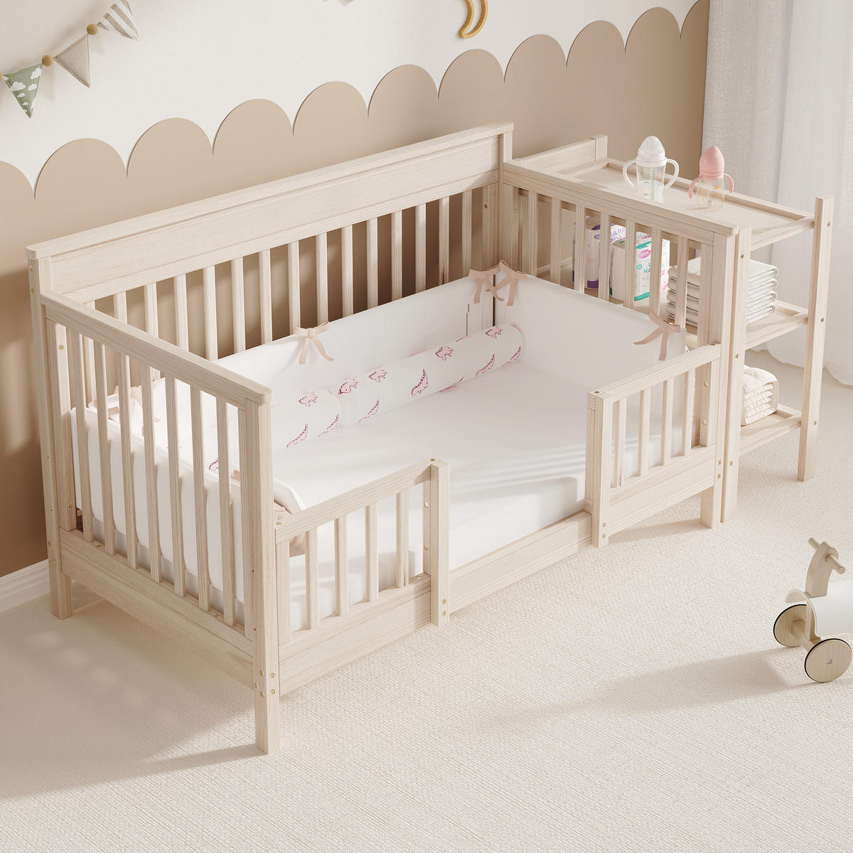 KINDERBETT 140/70 cm in Natur aus Kiefernholz mit Wickeltisch, Regal und Schutzgitter - Naturfarben, Holz/Holzwerkstoff (70/140cm) - WISHDOR