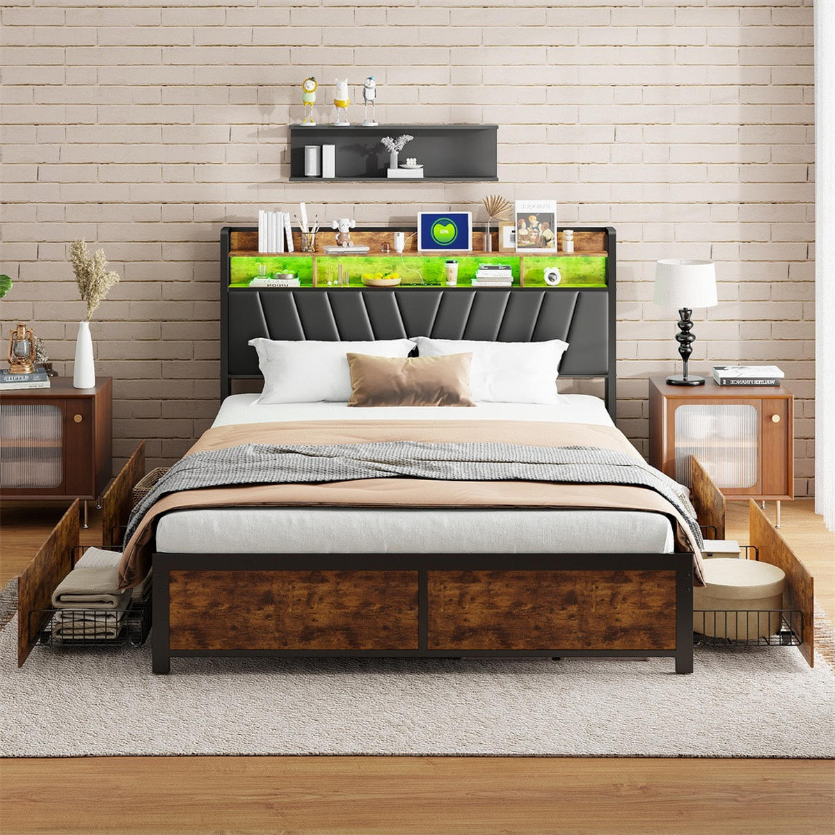 DOPPELBETT 180x200 cm - Metallbett mit 2-stufigem Regalkopfteil - 4 Schubladen und LED-Beleuchtung - ohne Matratze - Schwarz - Schwarz, Metall (180/200cm) - DELFA