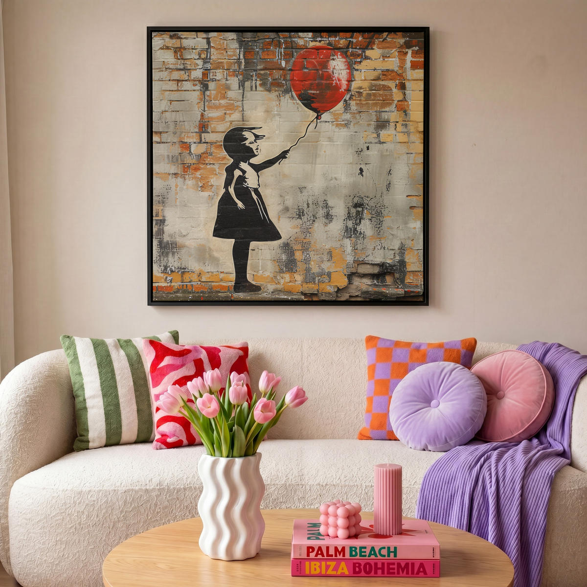 LEINWAND Bilder mit Rahmen - Graffiti - Banksy - Mädchen - Straßenkunst - 90x90 - Sandfarben, Textil (90/90cm) - MuchoWow