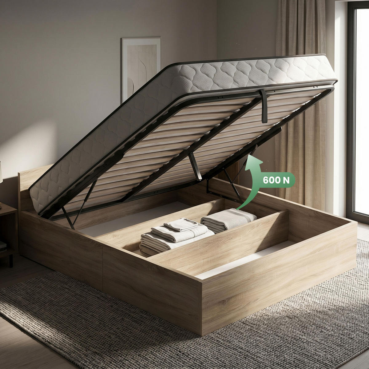 BETT mit Bettkasten 160x200 cm Metalllattenrost und Federkernmatratze Sonoma Eiche - Sonoma Eiche, Holzwerkstoff (160/200cm) - Akord