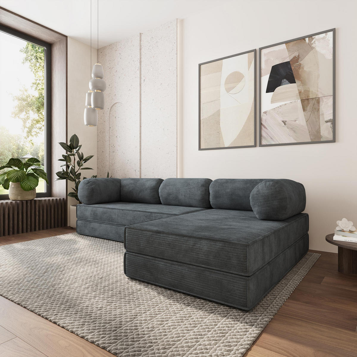 ROHOVÁ SEDAČKA ETERA modulární Boneless pohovka s funkcí spaní, grafitová POSO 34 - tmavě šedá, textil (270/160cm) - MASSENO