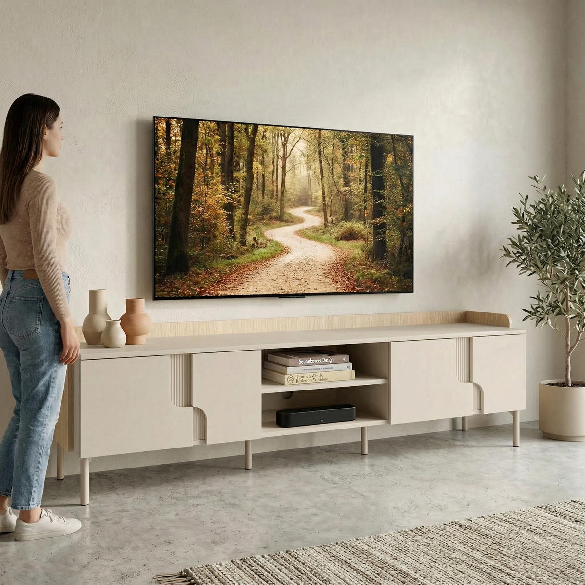 LOWBOARD Positivo mit 4 Türen, 200 cm, Mavelie-Eiche + Macadamia - Eichefarben, Holzwerkstoff (200/51/42cm) - Beautysofa