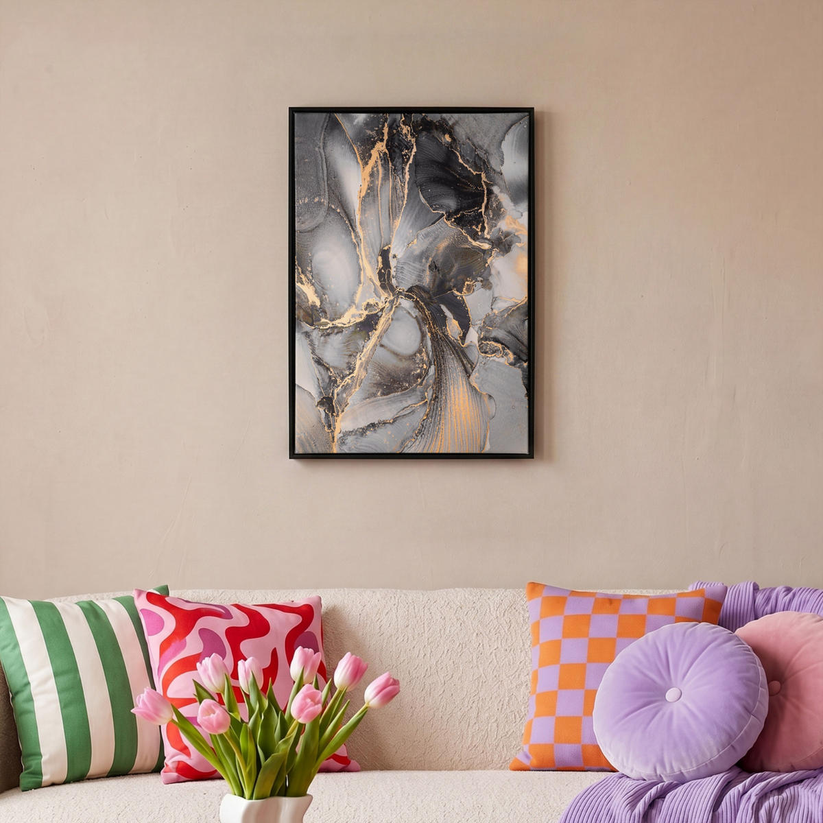 LEINWAND Bilder mit Rahmen - Grau - Luxus - Gold - Marmor - 40x60 - Dunkelgrau, Textil (40/60cm) - MuchoWow