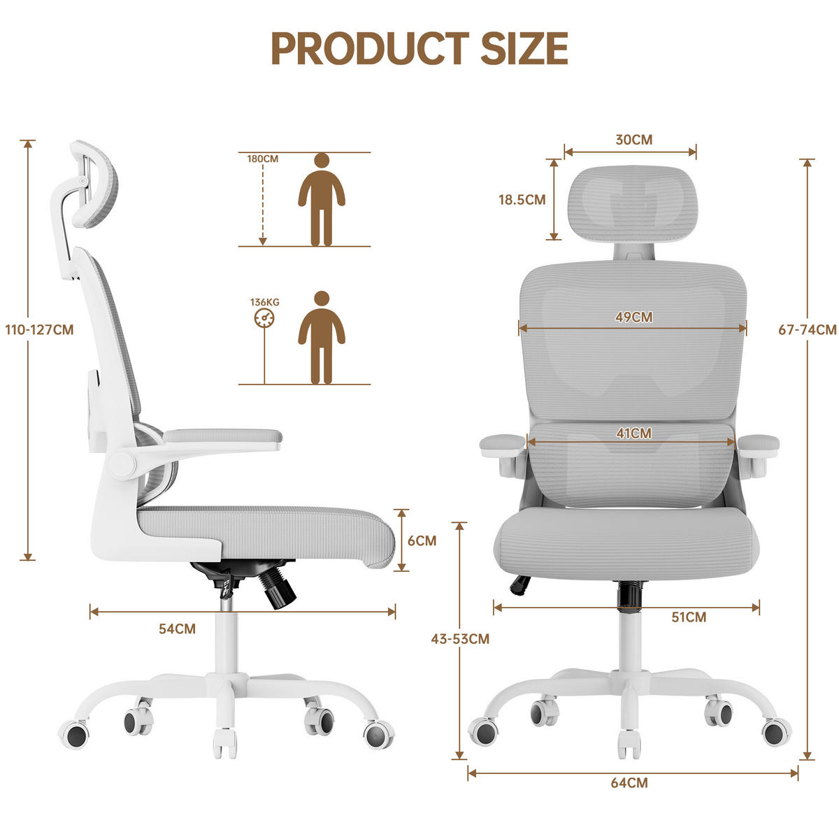 BÜROSTUHL Weiß-Grau ergonomisch mit klappbaren Armlehnen - Grau, Metall (25/52.5/65cm) - Rattrix