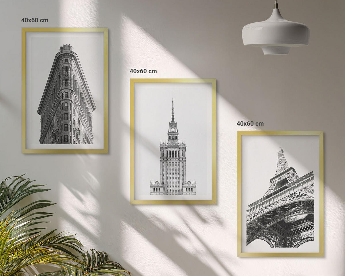 BILDER SET 3er Set - 40x60 cm Goldrahmen - Architektonische Schwarz-Weiß-Gebäude - Goldfarben, Kunststoff (40/60cm) - TULUP