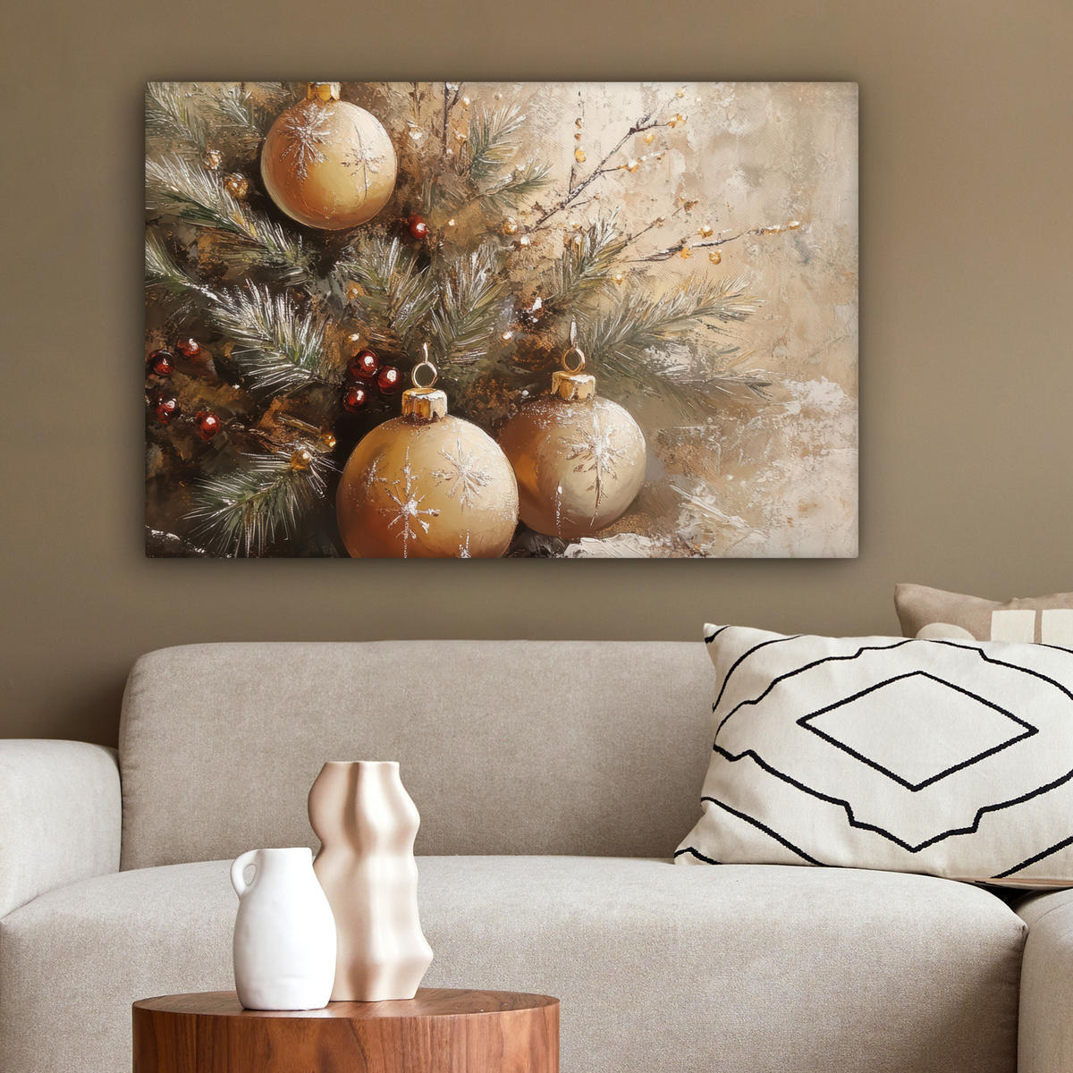 LEINWANDBILD Weihnachten - Kugeln - Beige - Gold Wanddeko 90x60 cm - Goldfarben, Textil (90/60cm) - MuchoWow