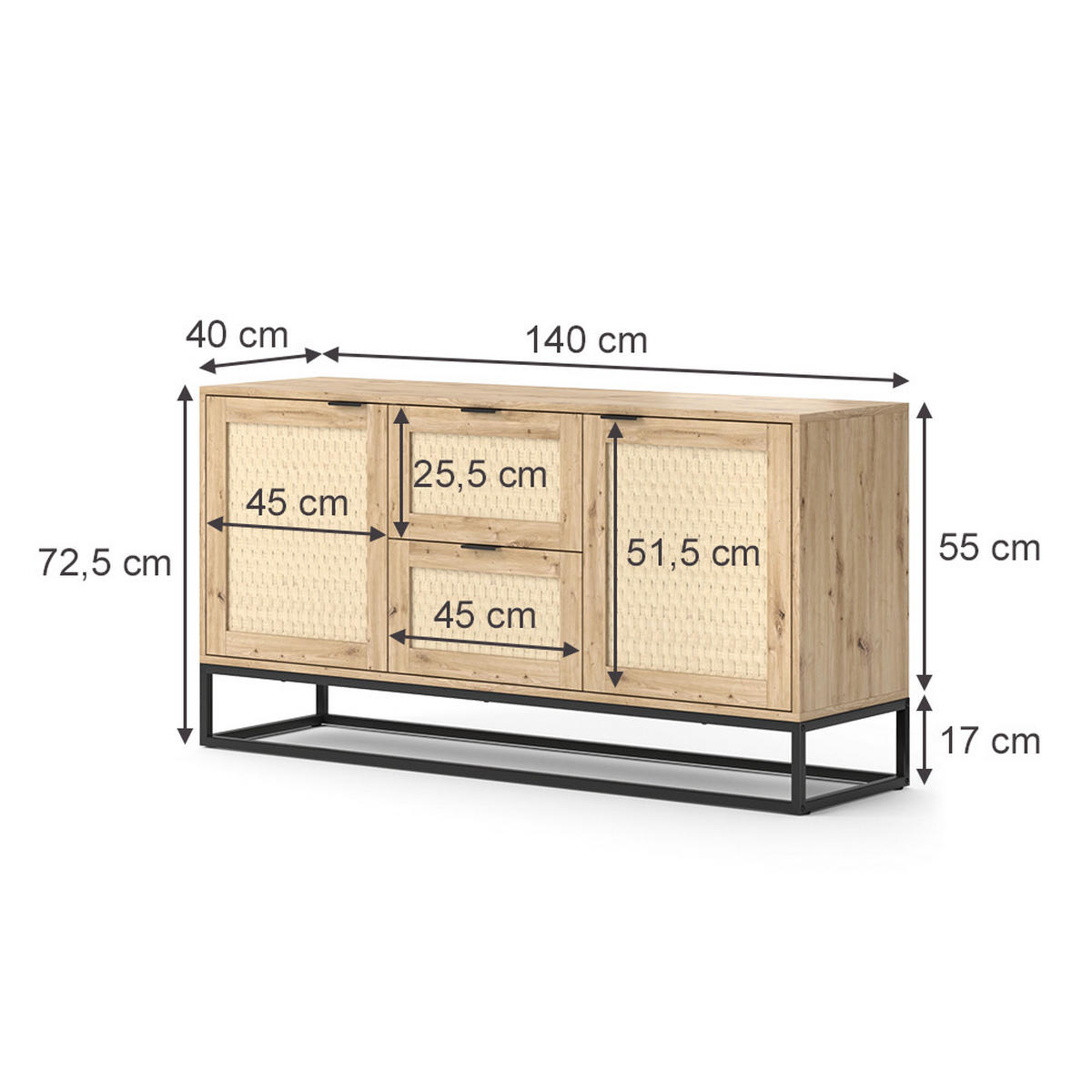 KOMMODE Natal Braun 140 x 72.5 cm mit 2 Türen und 2 Schubladen - Braun, Holzwerkstoff (40/72.5/140cm) - Vicco
