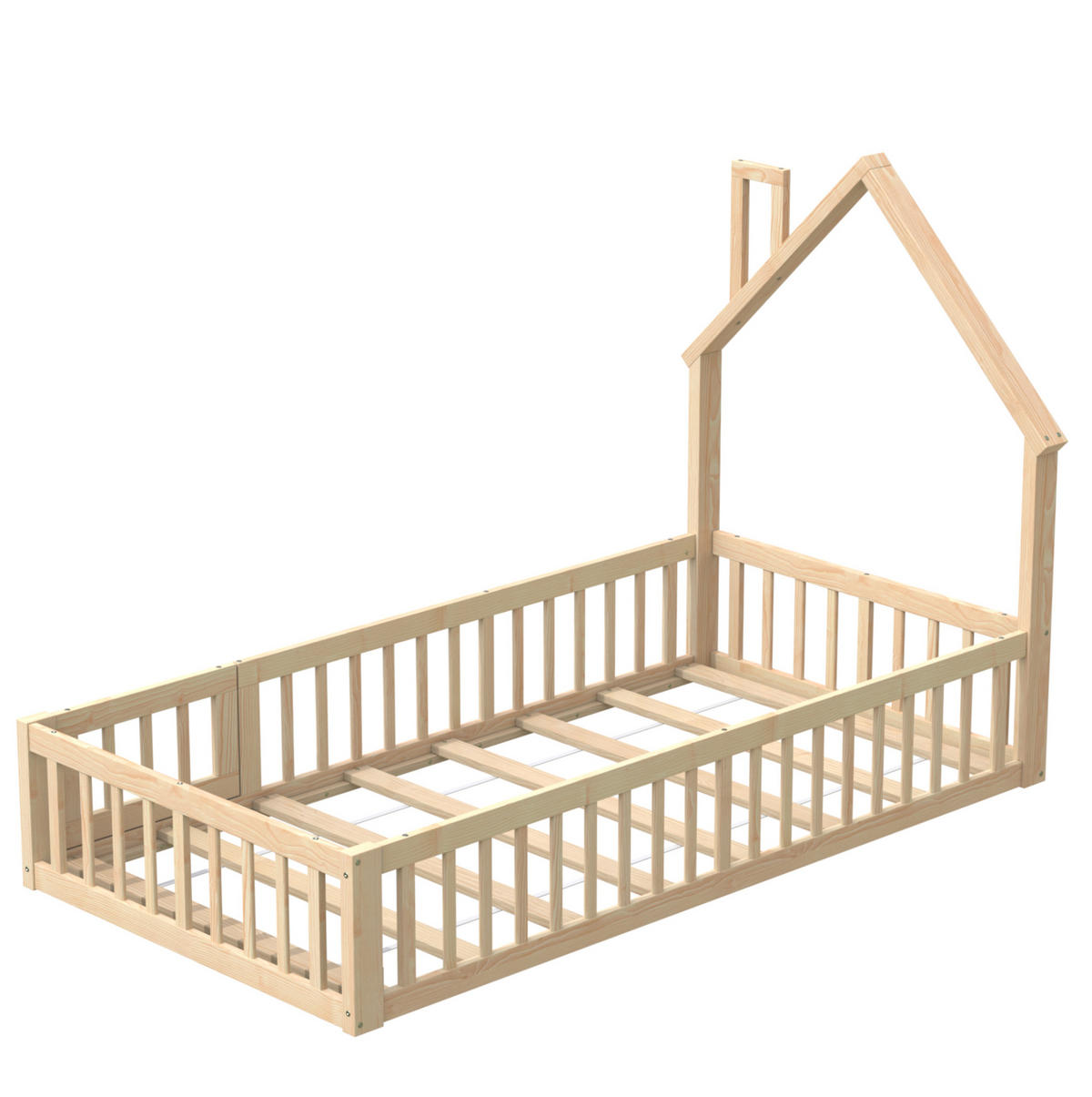 POSTELJA v obliki hiše 90/200 cm naravna z varnostno ograjo in letvenim dnom iz bora in MDF - naravne barve, leseni material (90/200cm) - OKWISH