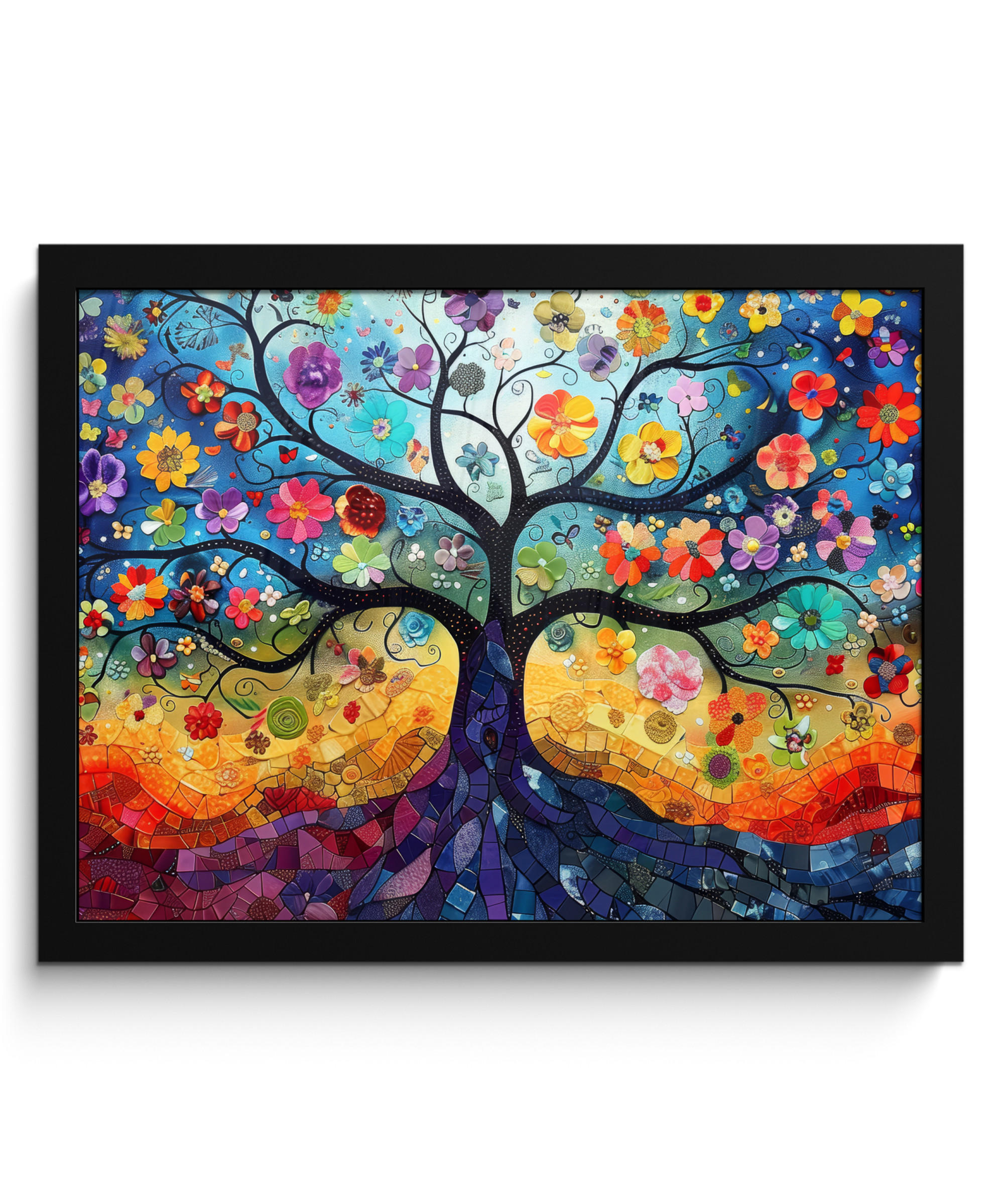 POSTER MIT RAHMEN Kunst - Baum des Lebens - Blumen - Hippie 40x30 cm - Dunkelblau, Papier (40/30cm) - MuchoWow