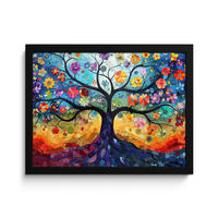 POSTER MIT RAHMEN Kunst - Baum des Lebens - Blumen - Hippie 40x30 cm - Dunkelblau, Papier (40/30cm) - MuchoWow