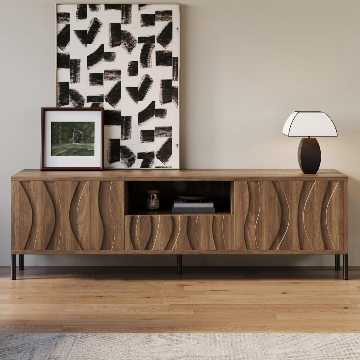 TV-SCHRANK in Natur mit wellenförmigen Türen und Kabeldurchführungen 160/35/46 cm - Naturfarben, Holzwerkstoff (160/46/35cm) - Redom