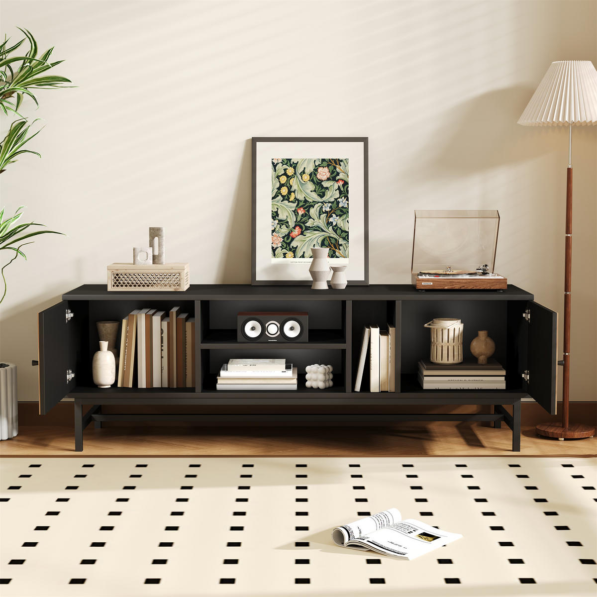 LOWBOARD in Schwarz und Naturfarben TV-Schrank mit vielseitigem Stauraum für Wohnzimmer, B150/T38/H55 cm - Schwarz/Naturfarben, Holzwerkstoff/Metall (150/55/38cm) - STILVORA