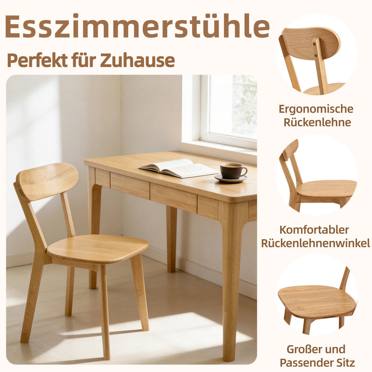 STUHL-SET 2 Stück Massivholz, DE-42428, Holzfarbe - Naturfarben, Holz (40/78/49.5cm) - ComfortXL