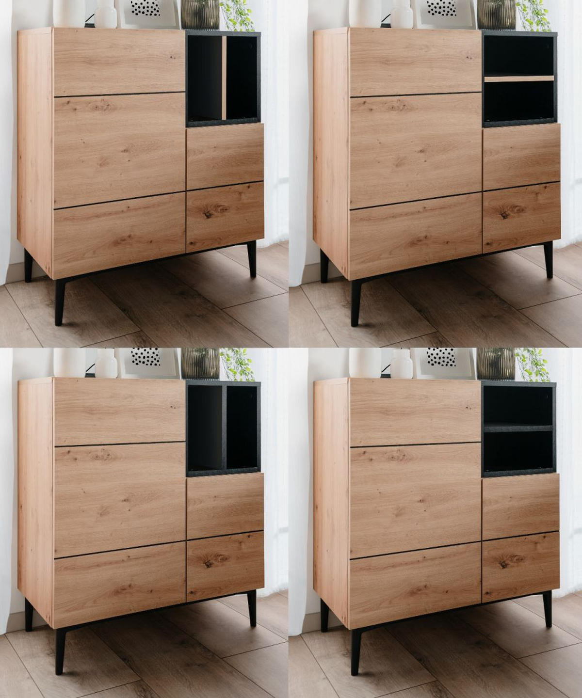 KOMMODE Eiche Artisan, schwarz 80 cm, Anrichte 2-türig mit 7 Fächern - Schwarz/Eiche Artisan, Holzwerkstoff (80/90/42cm) - Furn.Design