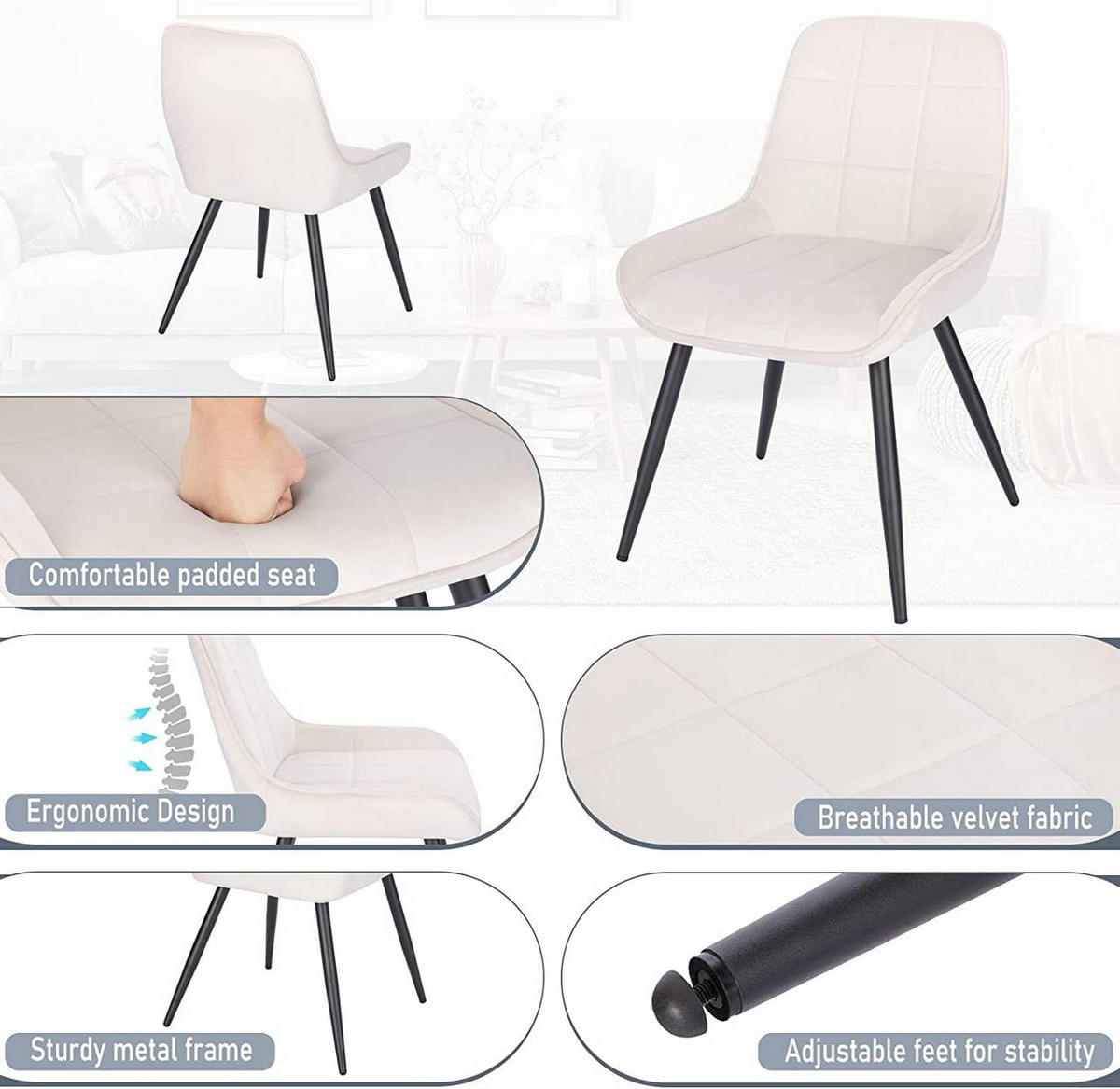 ESSZIMMERSTUHL 2er-Set, Polsterstuhl, Samt, Cremeweiß - Creme/Schwarz, Textil/Metall (52.5/81.5/62cm) - Woltu